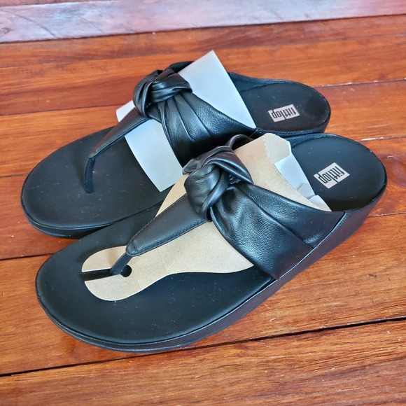FitFlop Sandals Women 9 Black Leather Twiss II Knot‎ Strap Toe-Post - Picture 1 of 7